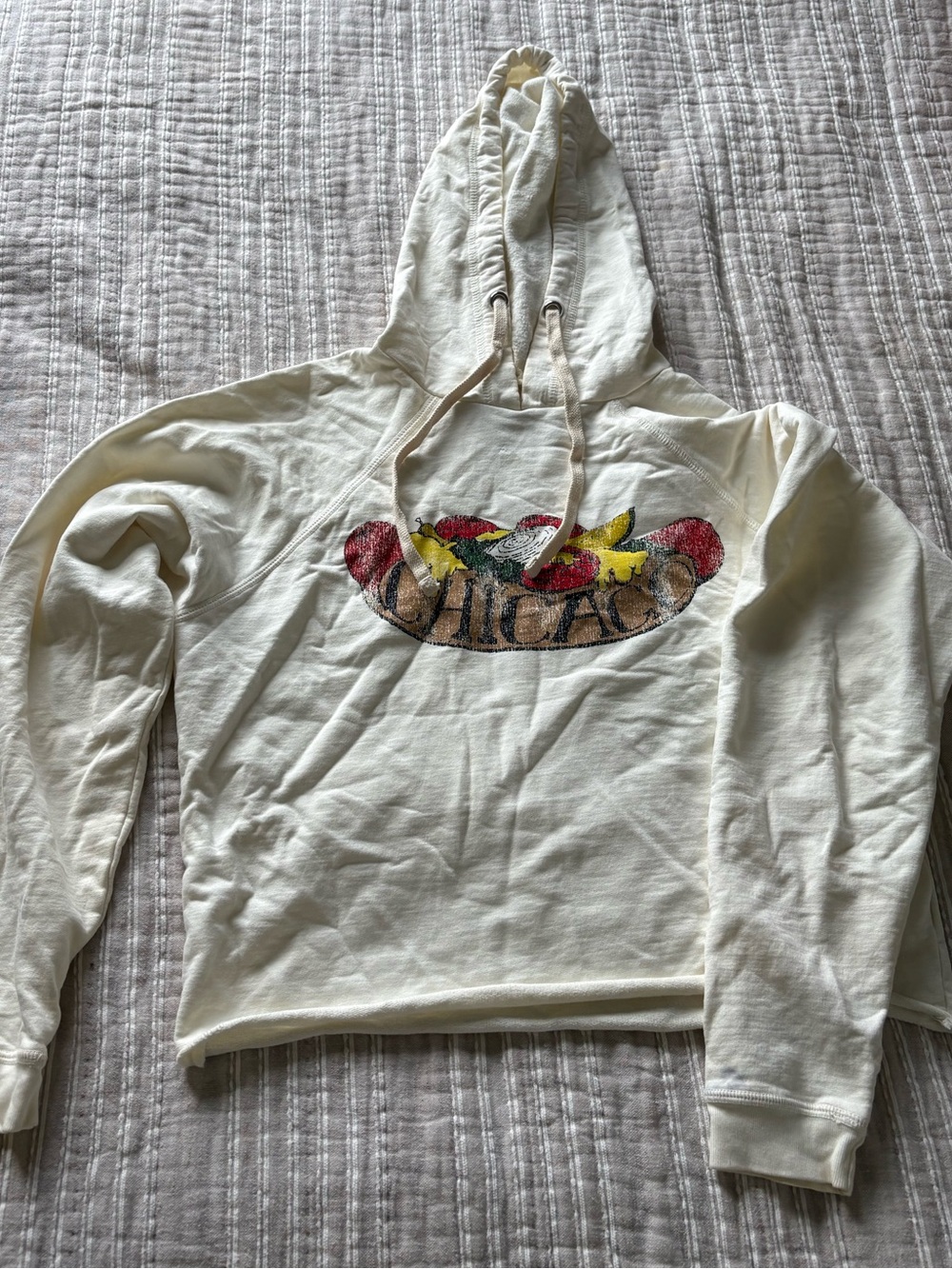 Cream Graphic Hoodie Sweatshirt with Chicago Hot Dog Design